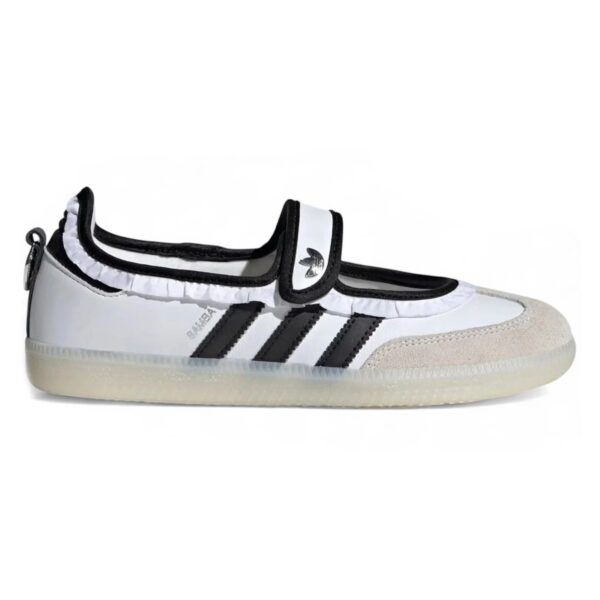 Adidas Samba Jane Ruffle Pack in white leather with black stripes, ruffle trim and strap