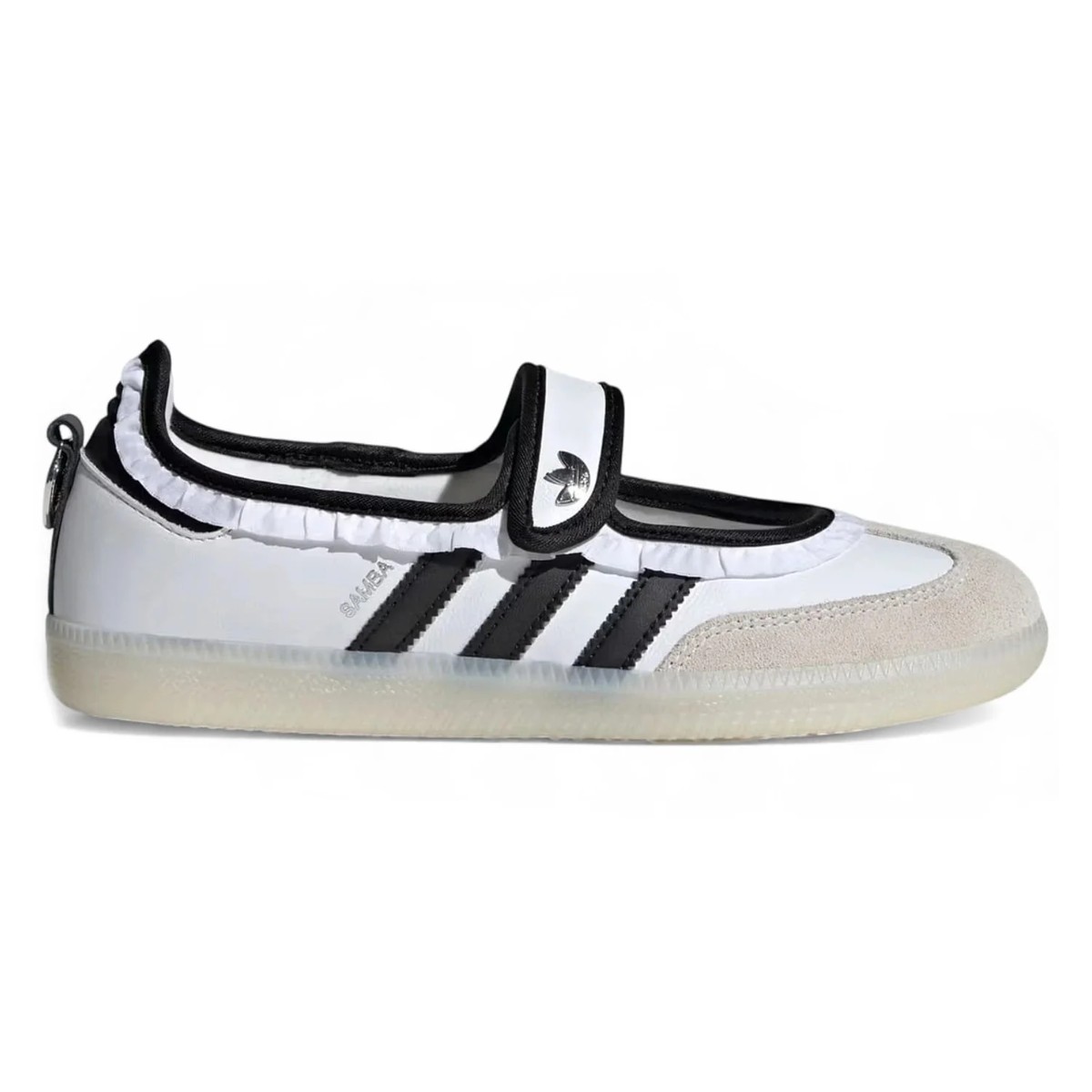 Adidas Samba Jane Ruffle Pack in white leather with black stripes, ruffle trim and strap