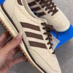 Adidas SL 72 OG in cream knit with dark brown stripes and gum sole