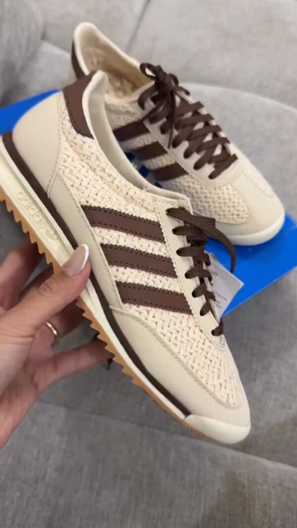 Adidas SL 72 OG in cream knit with dark brown stripes and gum sole