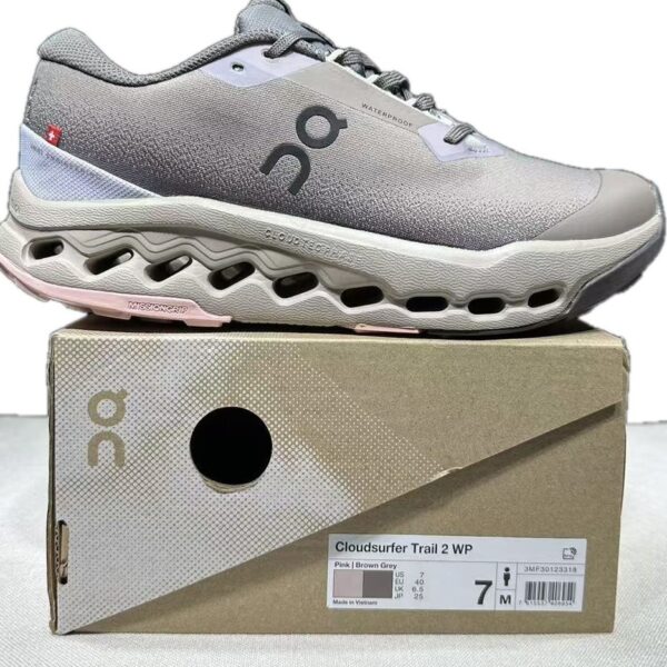OnCloud Cloudsurfer Trail 2 Waterproof Grey Brown Pink on box